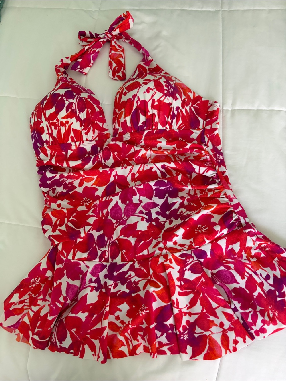 Chaps - Pink, purple, white and Red Floral Woman’s Halter one piece swimsuit